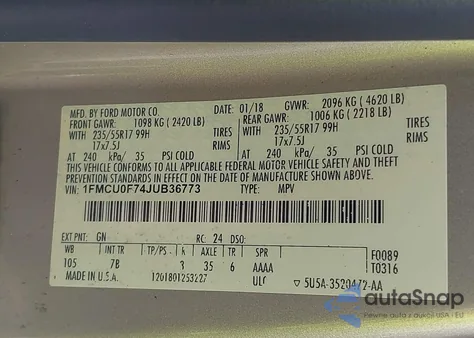 2018 Ford Escape S z USA, uszkodzony, nr VIN 1FMCU0F74JUB36773